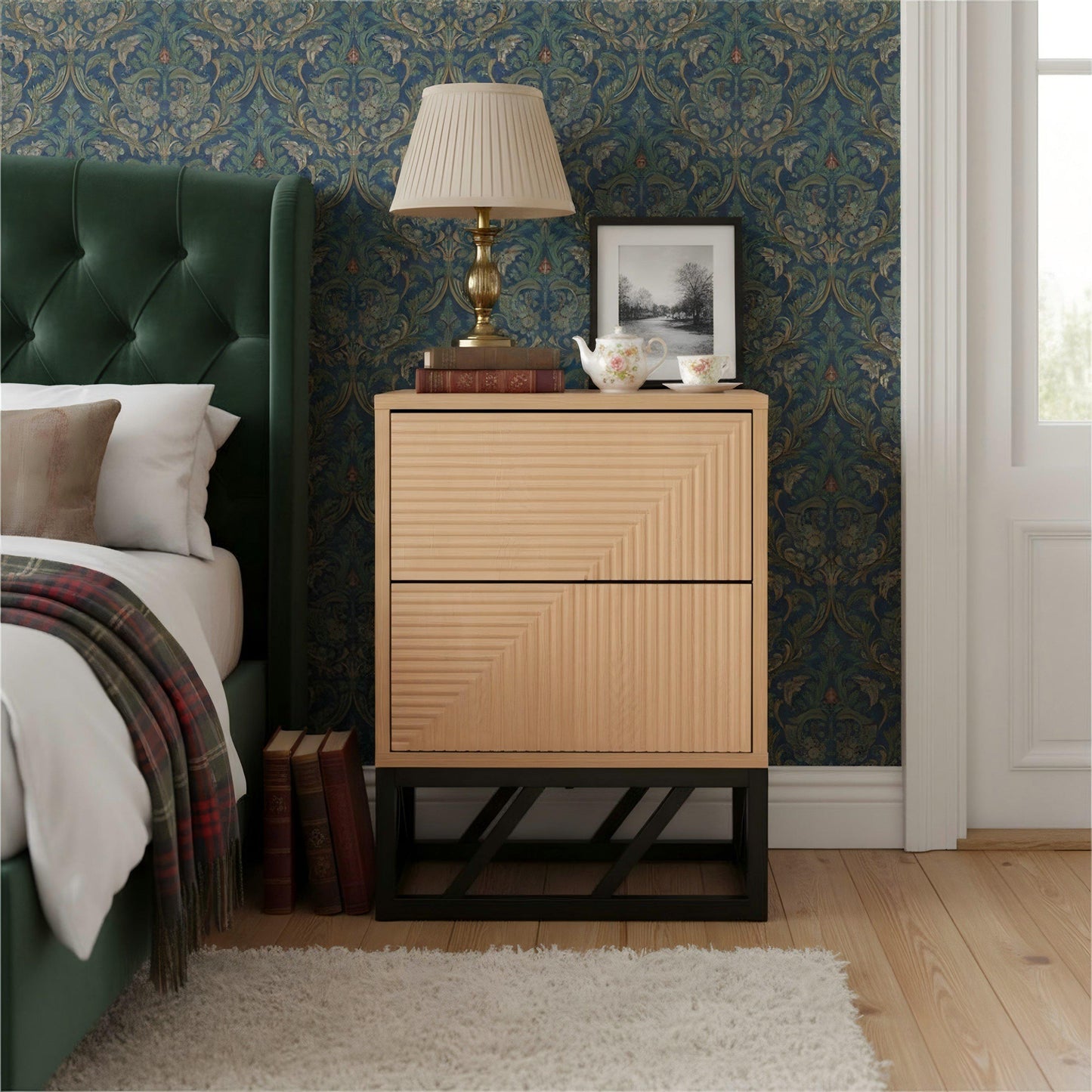 Grooved Oak Colour Wooden Bedside Table with 2 Drawers