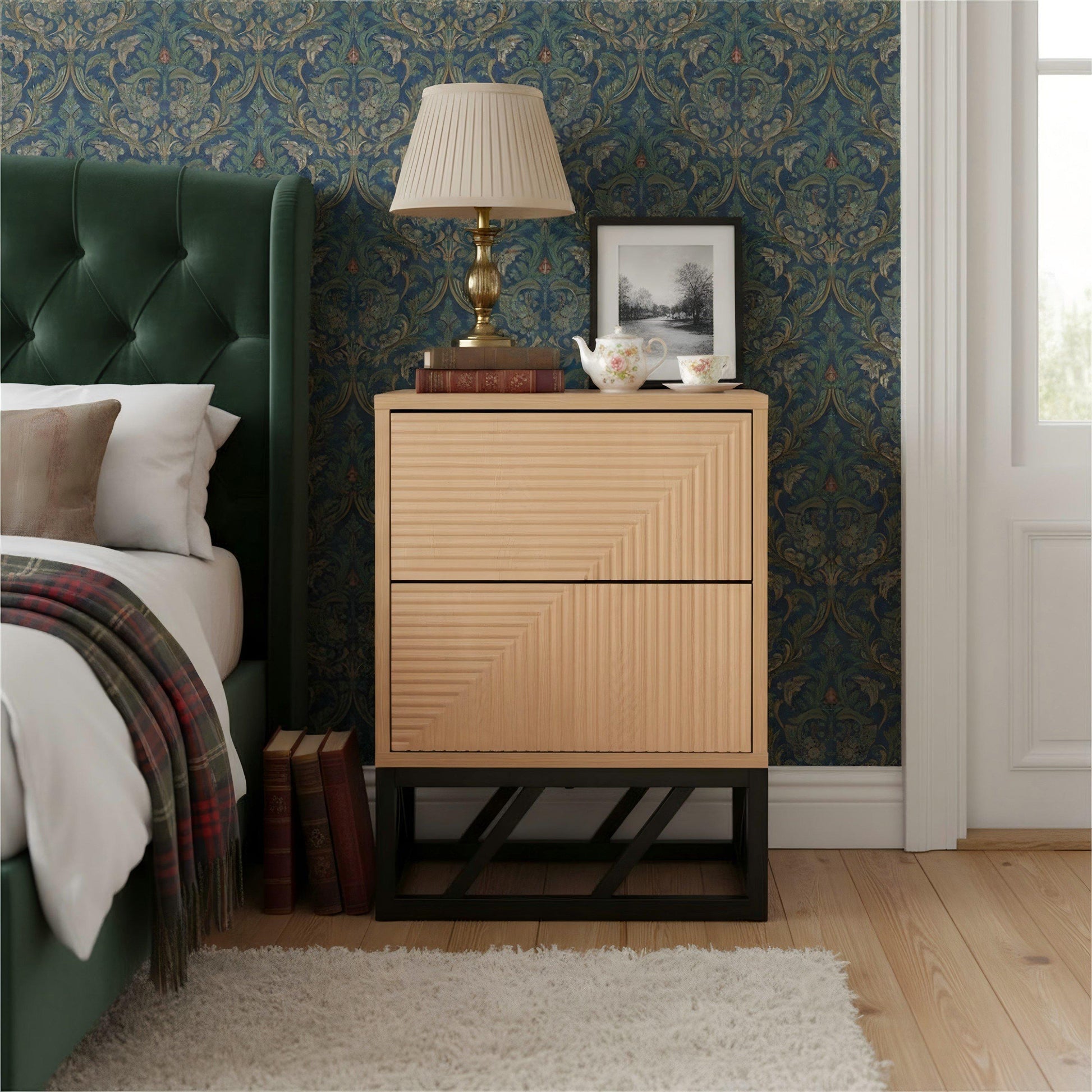 Grooved Oak Colour Wooden Bedside Table with 2 Drawers