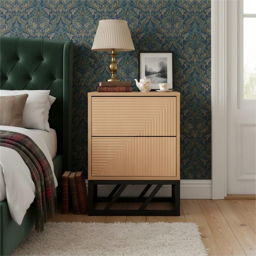Grooved Oak Colour Wooden Bedside Table with 2 Drawers