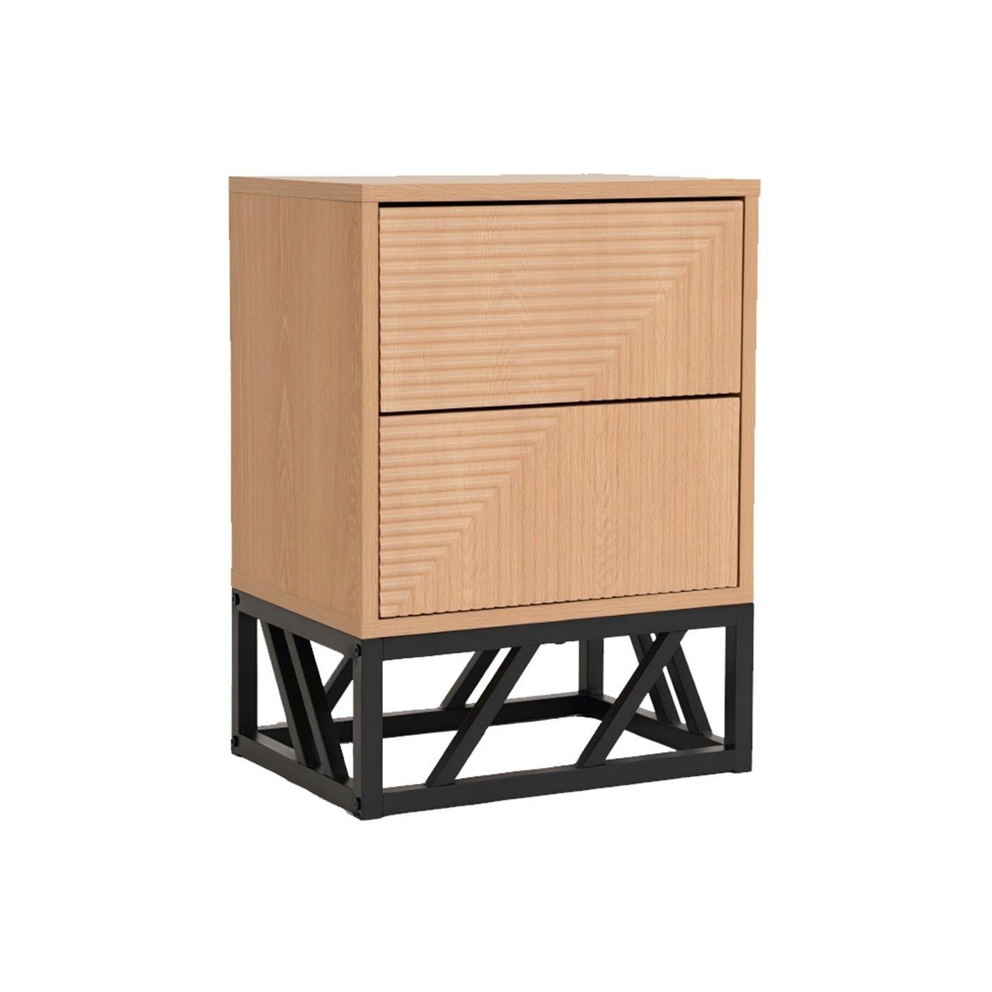 Grooved Oak Colour Wooden Bedside Table with 2 Drawers