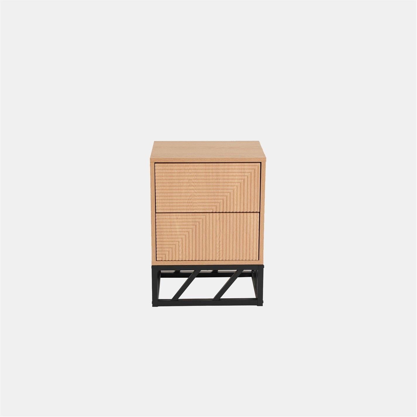 Grooved Oak Colour Wooden Bedside Table with 2 Drawers