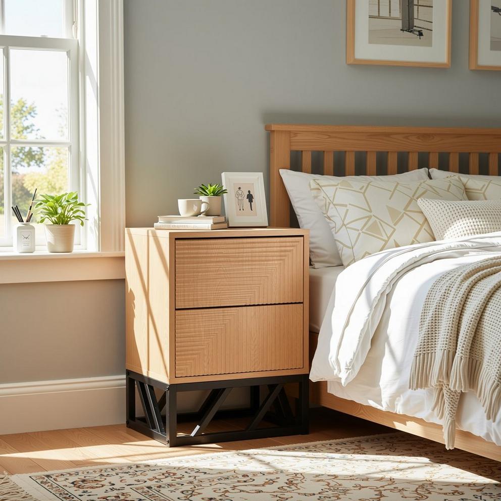 Grooved Oak Colour Wooden Bedside Table with 2 Drawers