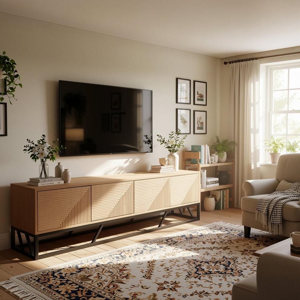 Grooved Oak Colour Wooden TV Unit 4 Doors