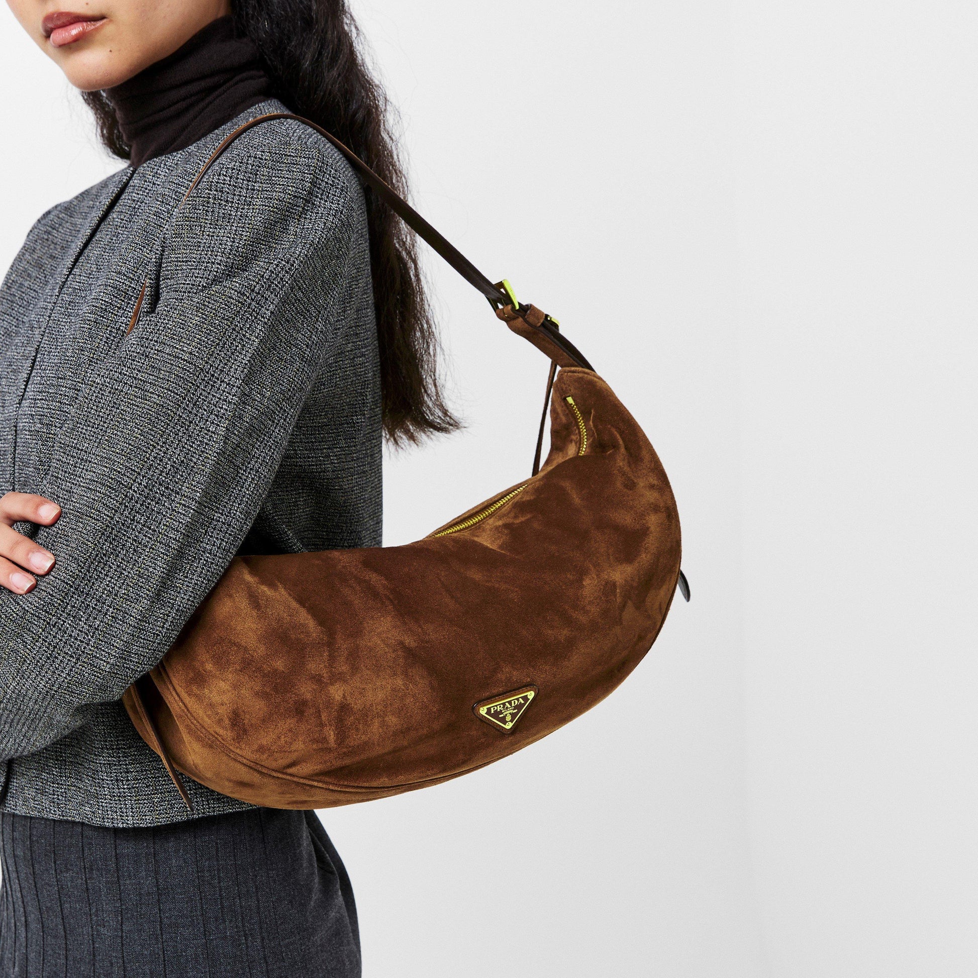 Prada Demi-Lune Large Suede Shoulder Bag