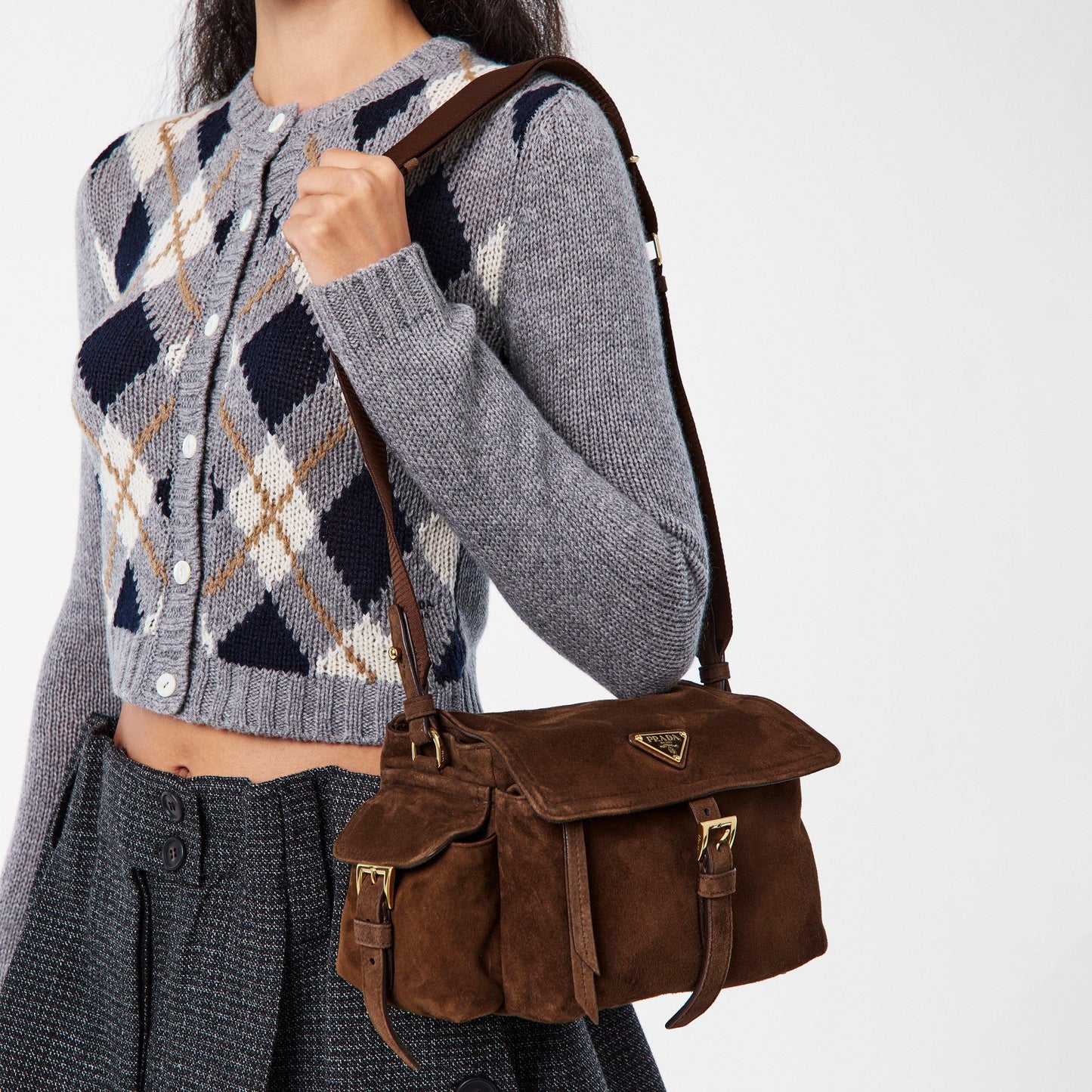 Prada Explore Medium Suede Shoulder Bag with Flap