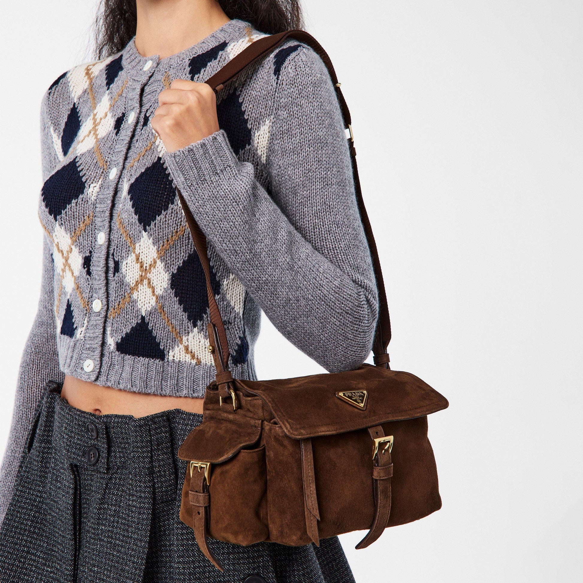 Prada Explore Medium Suede Shoulder Bag with Flap