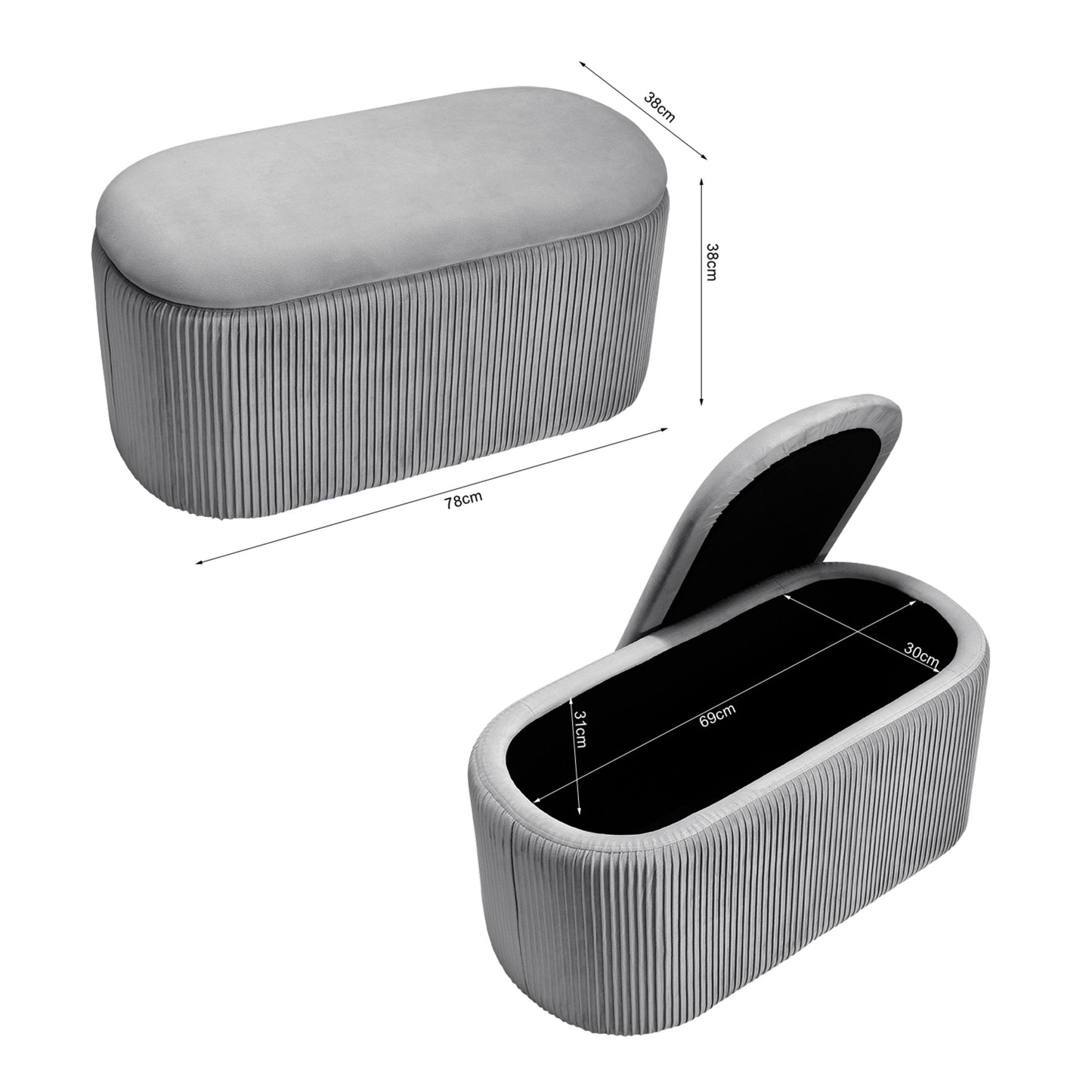 Kabinet UK Modern Pleated Storage Oval Ottoman Grey