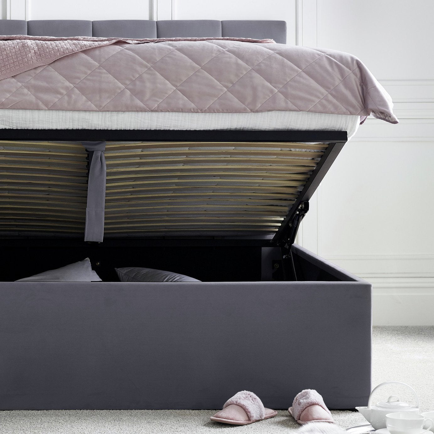 Time4Sleep Linea Double Velvet End Lift Ottoman Bed - Grey