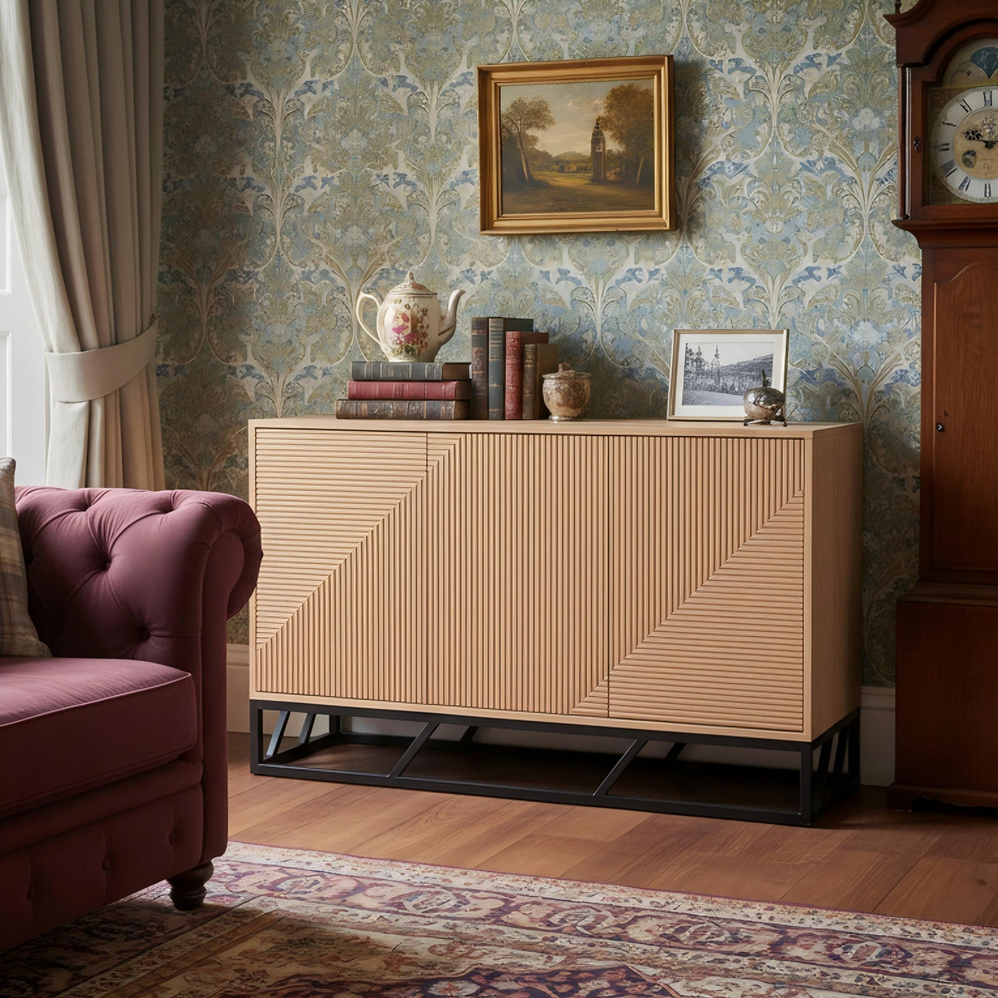 Grooved Oak Colour Wooden Sideboard 3 Doors