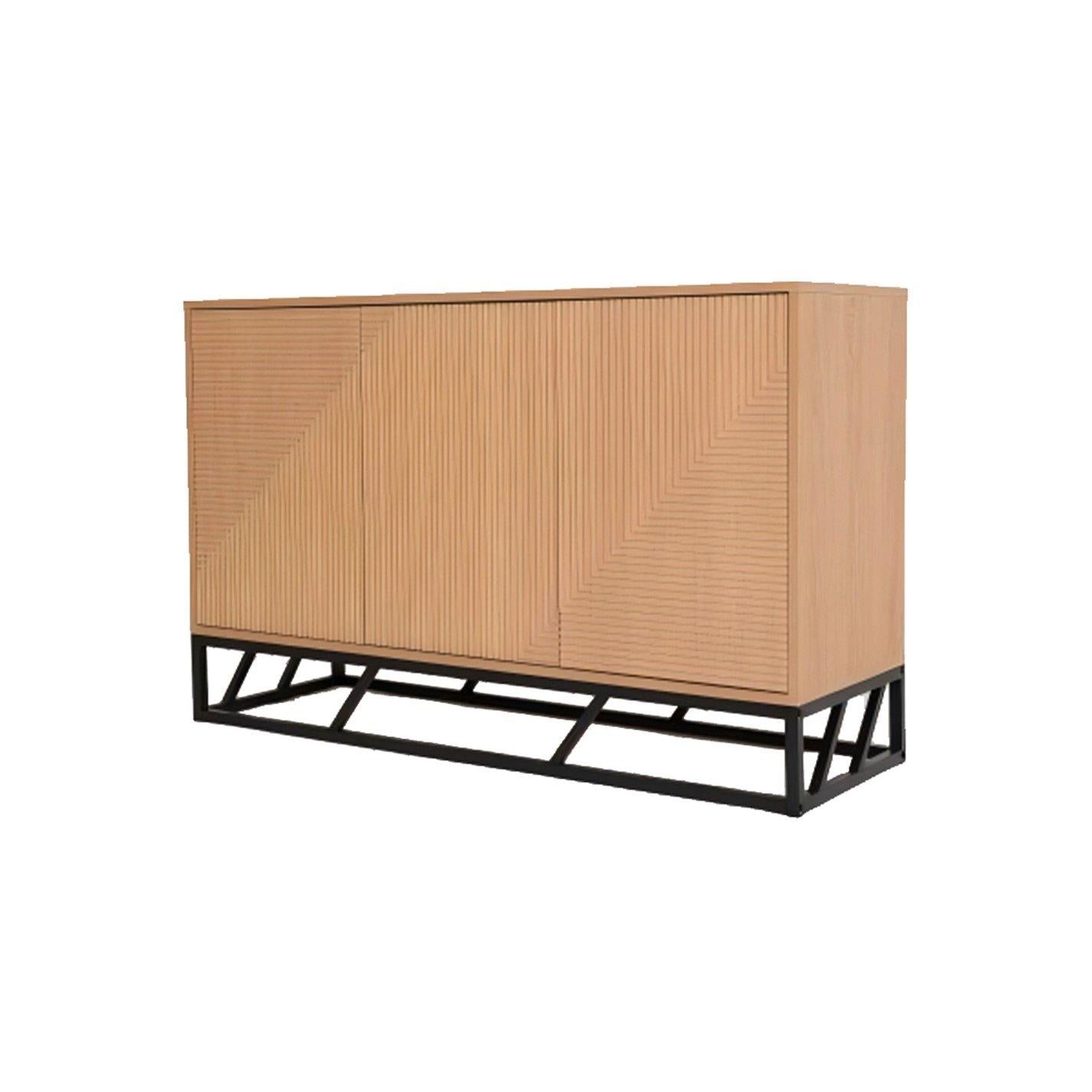 Grooved Oak Colour Wooden Sideboard 3 Doors