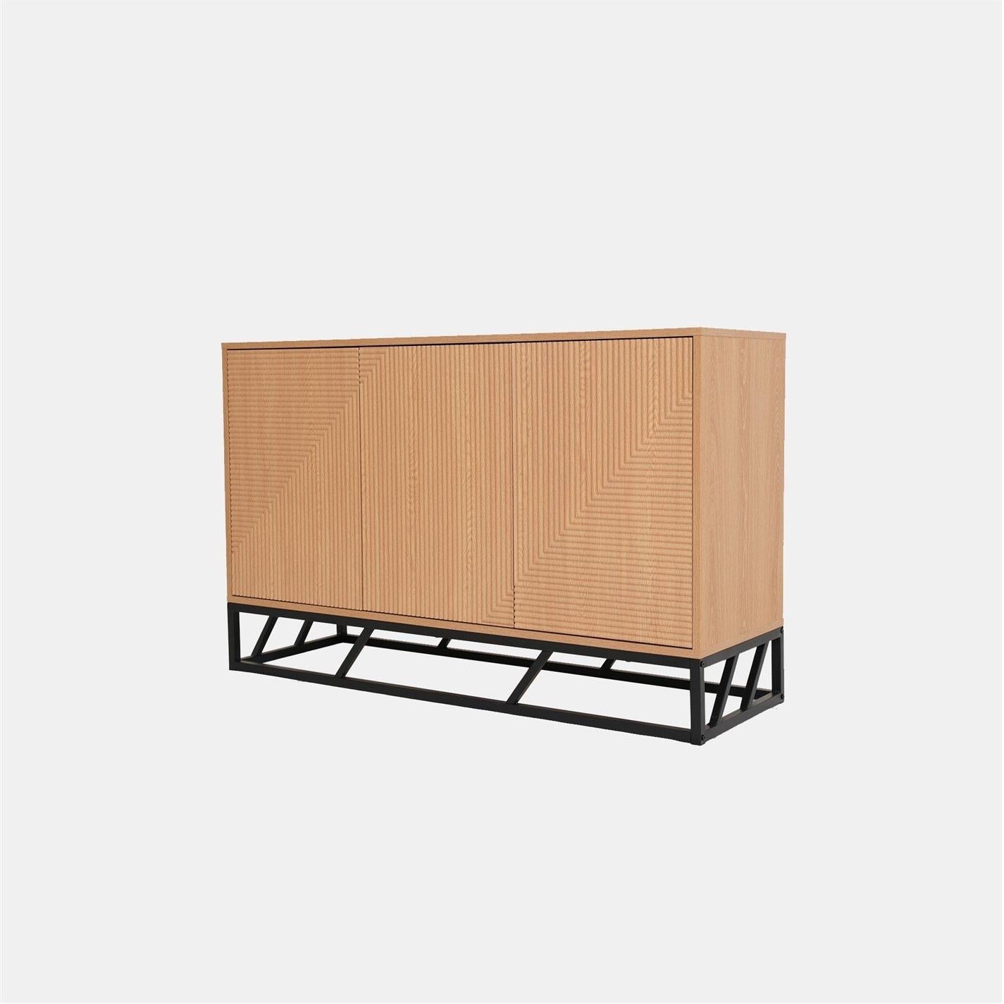 Grooved Oak Colour Wooden Sideboard 3 Doors