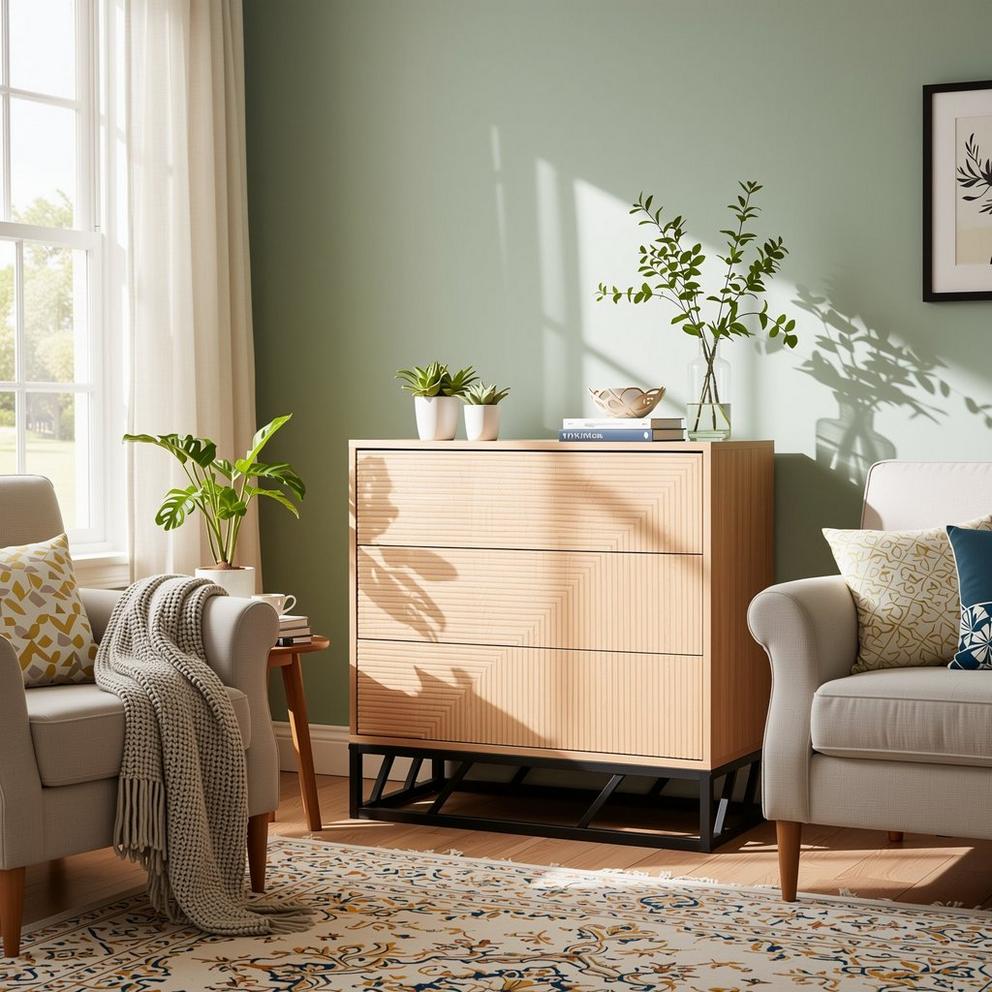 Biba Mabel Grooved Oak Colour Wooden Chest of 3 Drawers