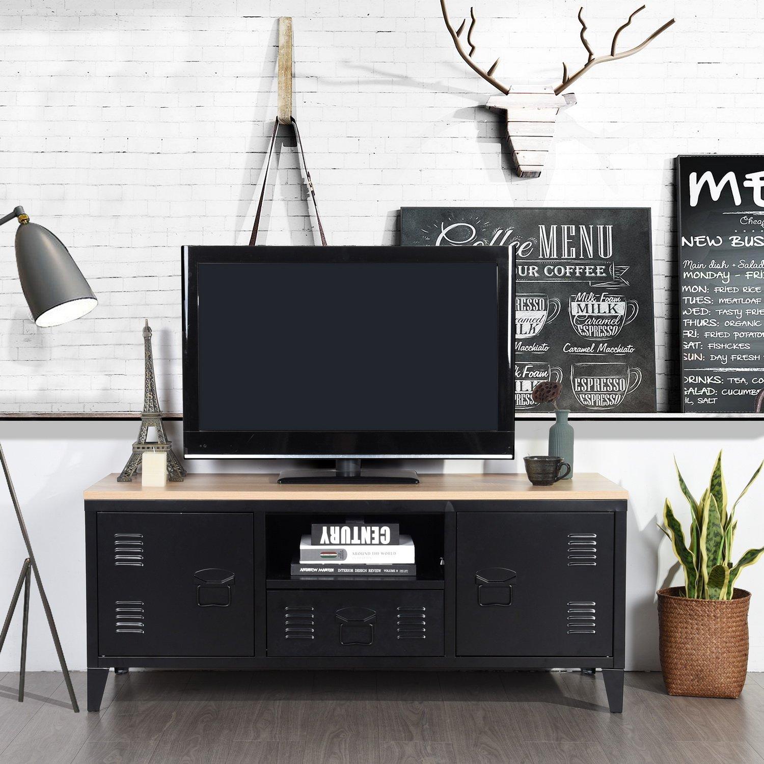 FurnitureR Industrial Metal TV Stand with Storage 120 cm Media Console Cabinet