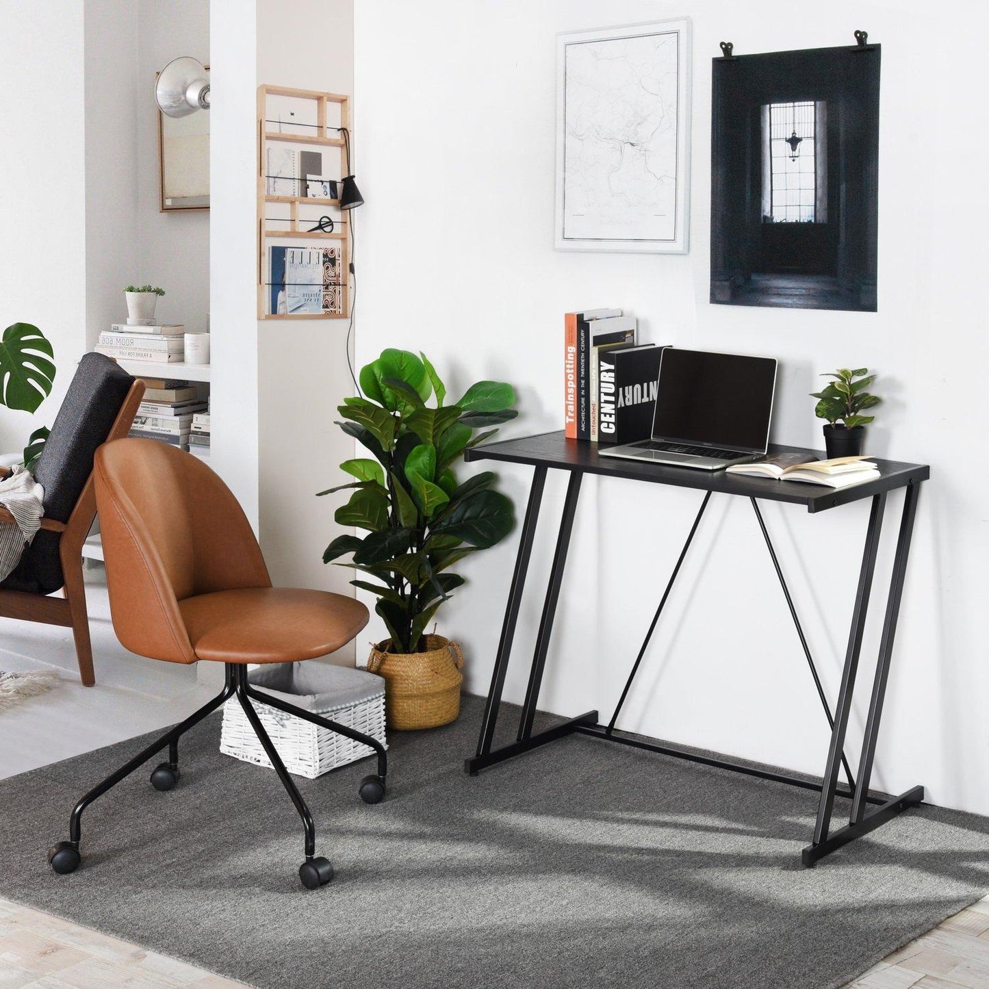 FurnitureR Computer Desk Black Metal Frame Writing Table