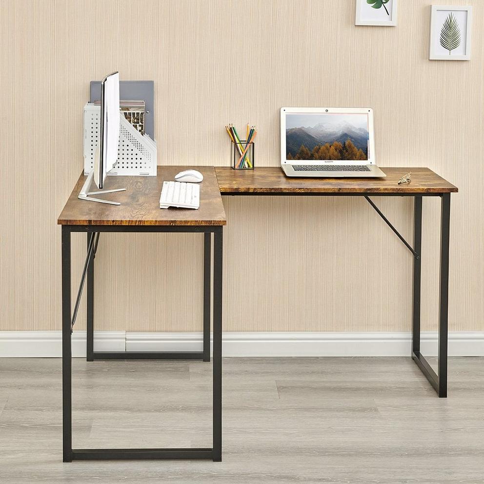L-Shaped Corner Desk 129 cm Home Office Computer Table with Metal Frame