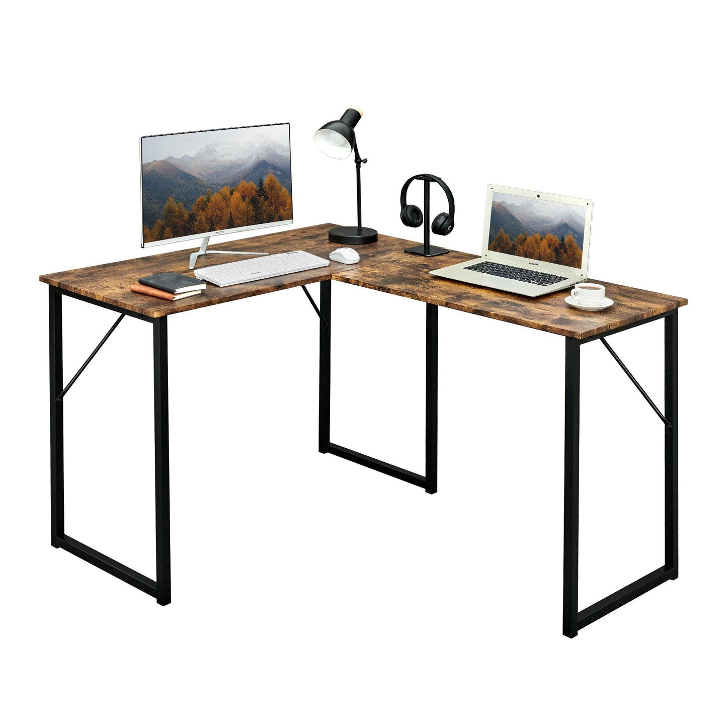 FurnitureR L-Shaped Corner Desk 129 cm Home Office Computer Table with Metal Frame