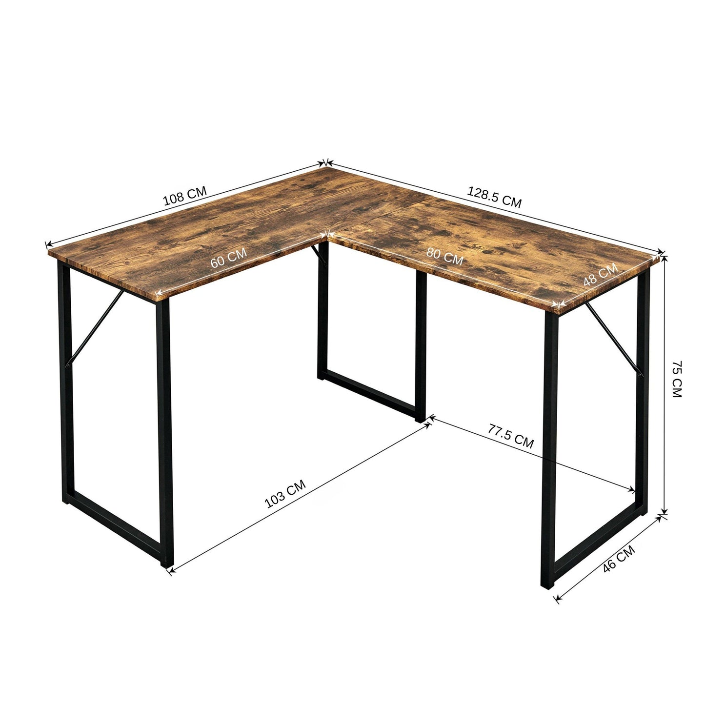 FurnitureR L-Shaped Corner Desk 129 cm Home Office Computer Table with Metal Frame