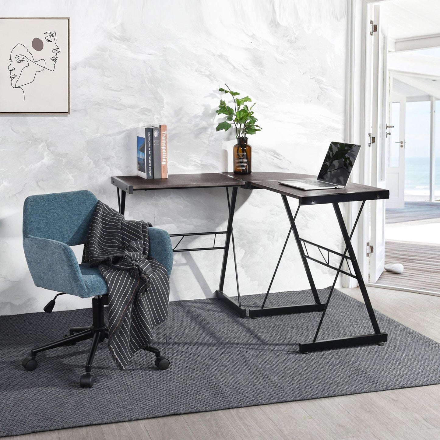 FurnitureR L-Shaped Corner Computer Desk Office Workstation with Steel Frame