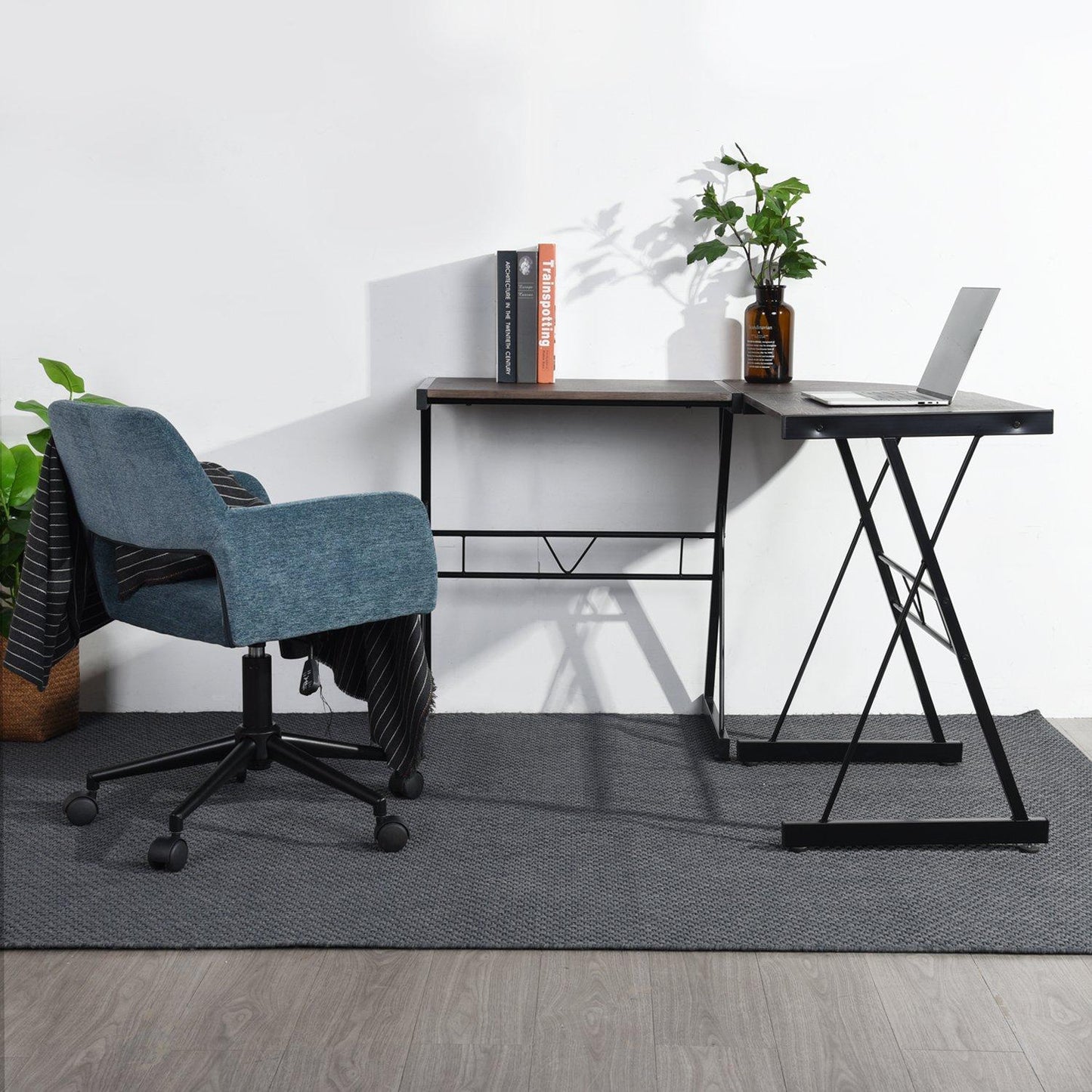 FurnitureR L-Shaped Corner Computer Desk Office Workstation with Steel Frame