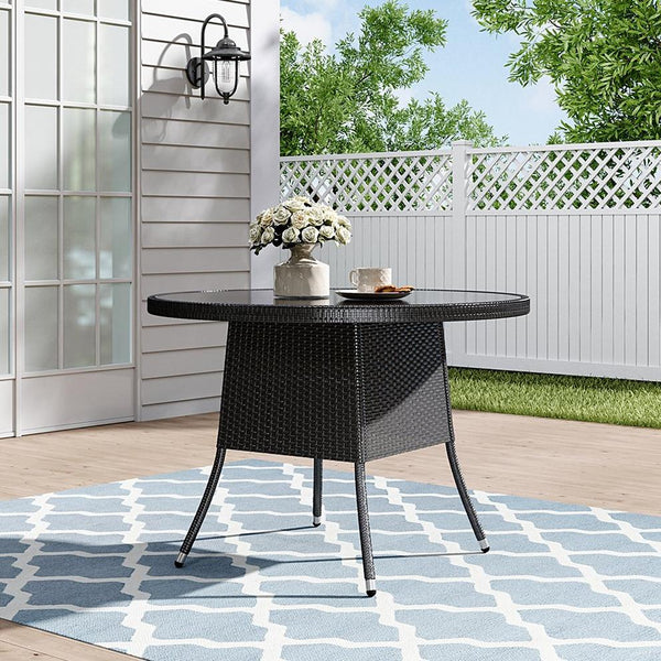 Breeins Black Wicker Table with Tempered Glass & Hole