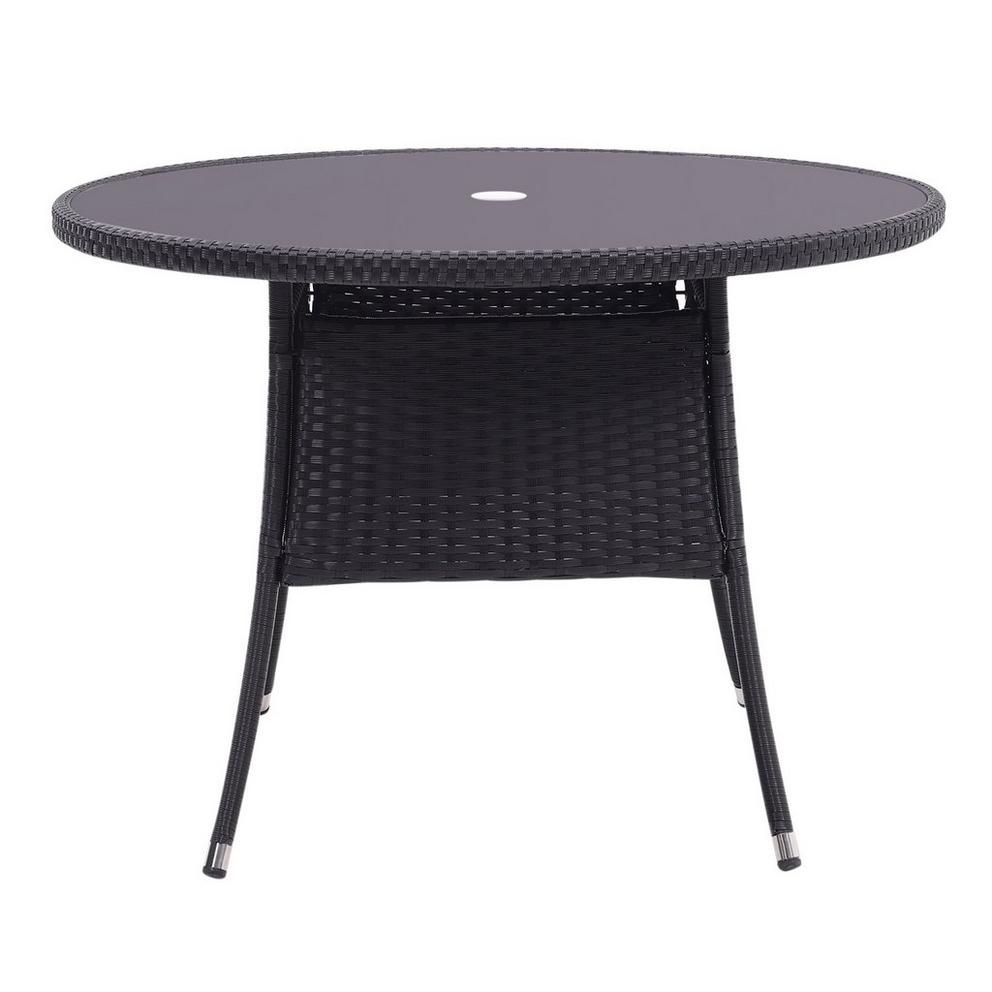 Breeins Black Wicker Table with Tempered Glass & Hole