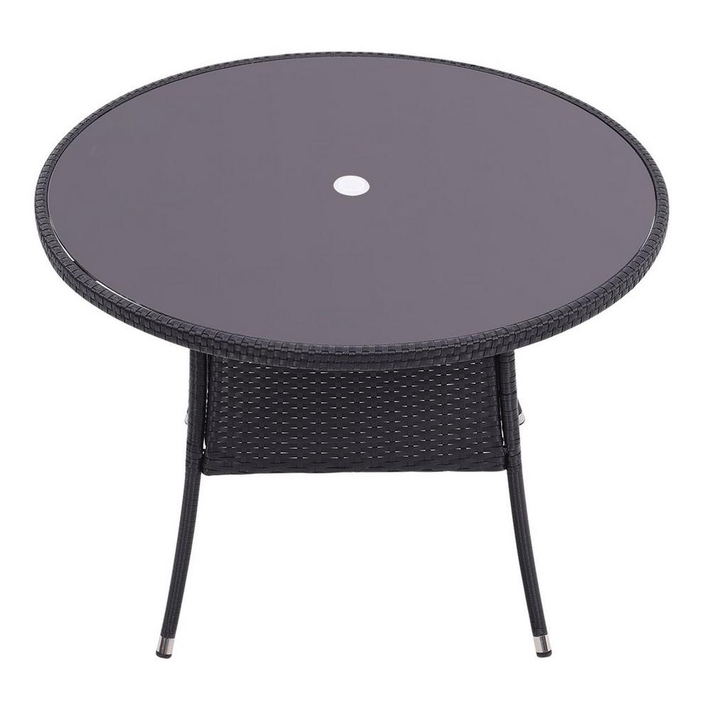 Breeins Black Wicker Table with Tempered Glass & Hole