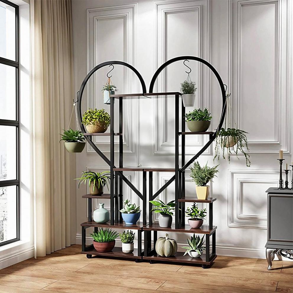 LIFE IDEAS 2x Half-Heart Tiered Plant Stand Brown