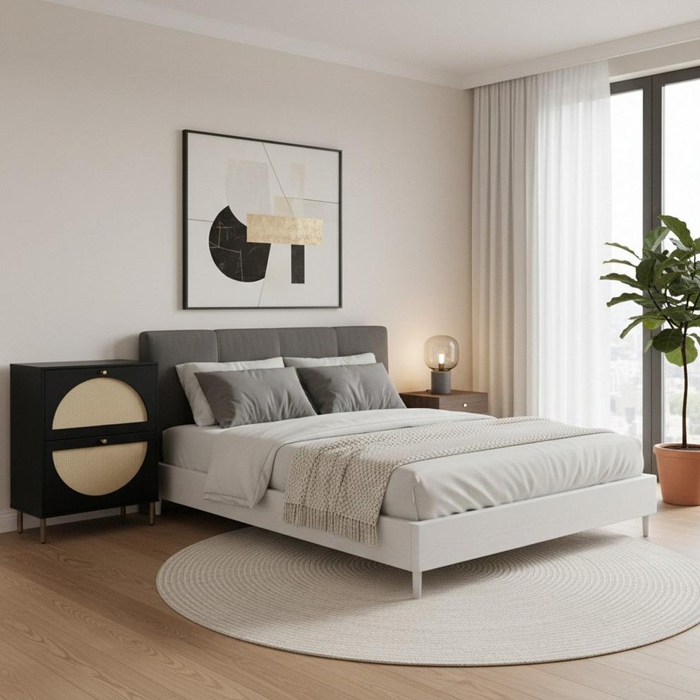 Black Rattan Modern Nightstand