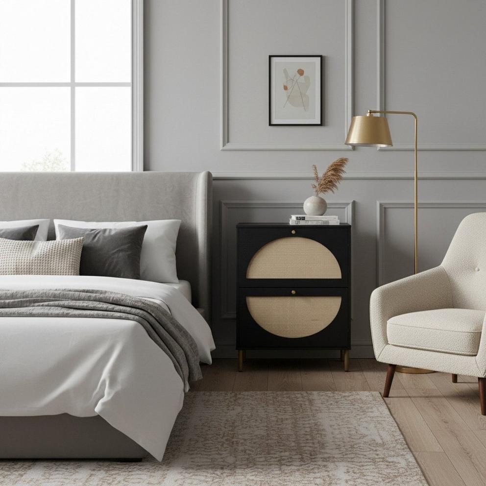 Linea Black Rattan Modern Nightstand