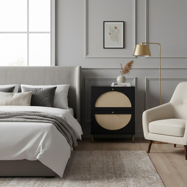 Black Rattan Modern Nightstand