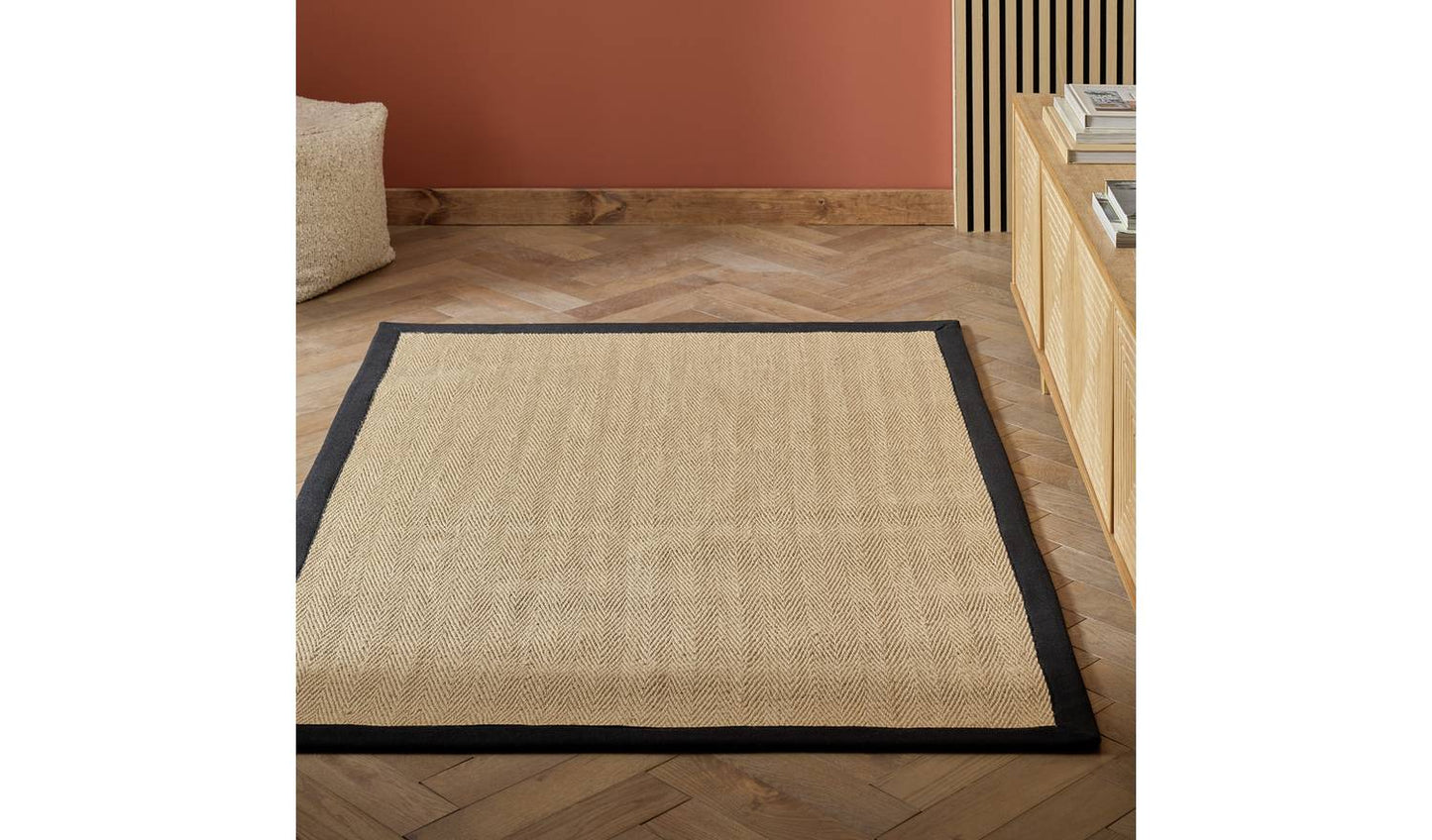 Habitat Herringbone Black Border Jute Rug - 80x150cm