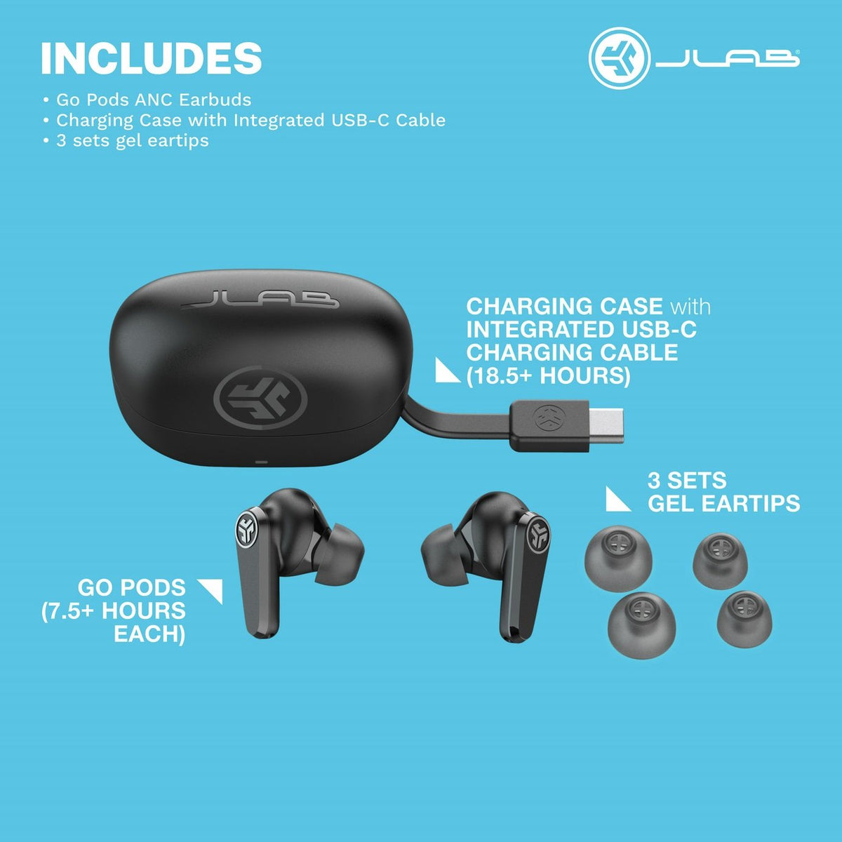 JLab GO Pods ANC In-Ear True Wireless Earbuds - Black