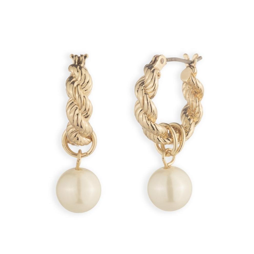 Lauren by Ralph Lauren Gold Tone & Faux Pearl Drop Hoop Earrings