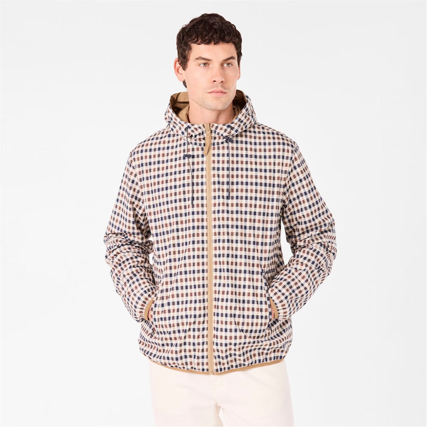Men's Reversible Check Hooded Long Sleeve Rain Anorak