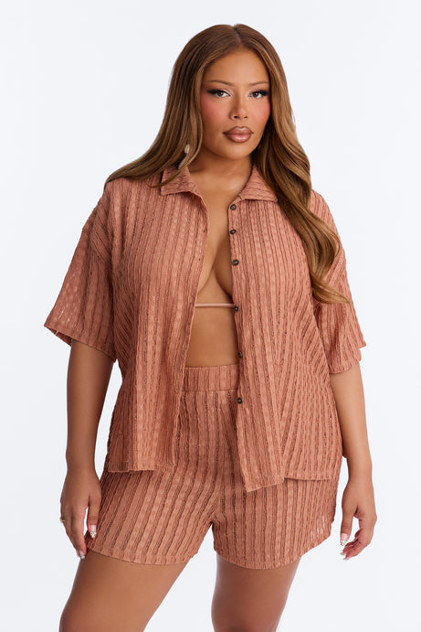 Seaside Vacation Button Up Cover Up Shorts Set - Mocha