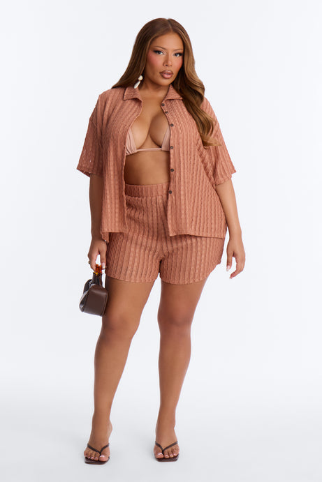 Seaside Vacation Button Up Cover Up Shorts Set - Mocha