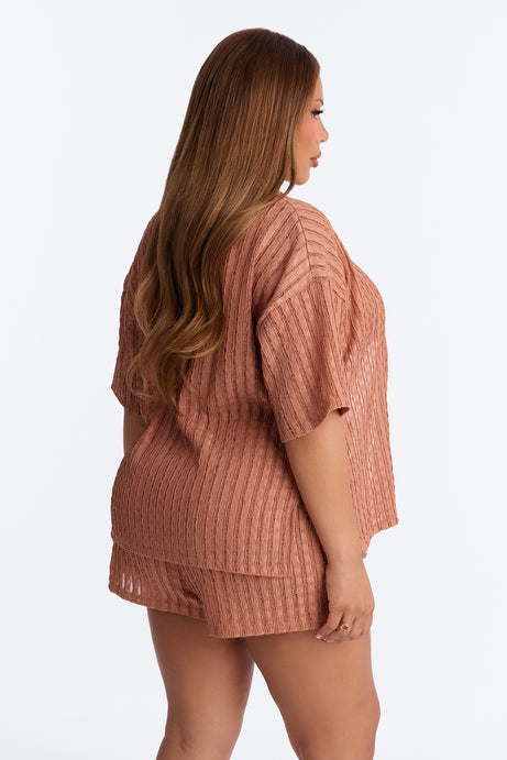 Seaside Vacation Button Up Cover Up Shorts Set - Mocha