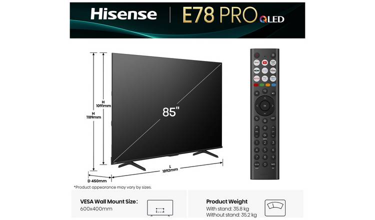 Hisense 85 Inch 85E78QTUK PRO Smart 4KUHD HDR QLED Freely TV
