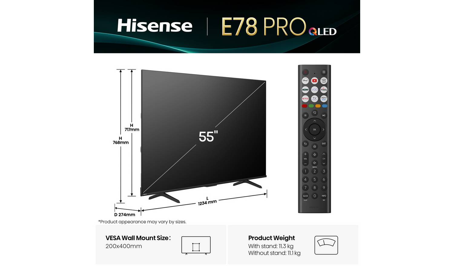 Hisense 55 Inch 55E78QTUK PRO Smart 4KUHD HDR QLED Freely TV