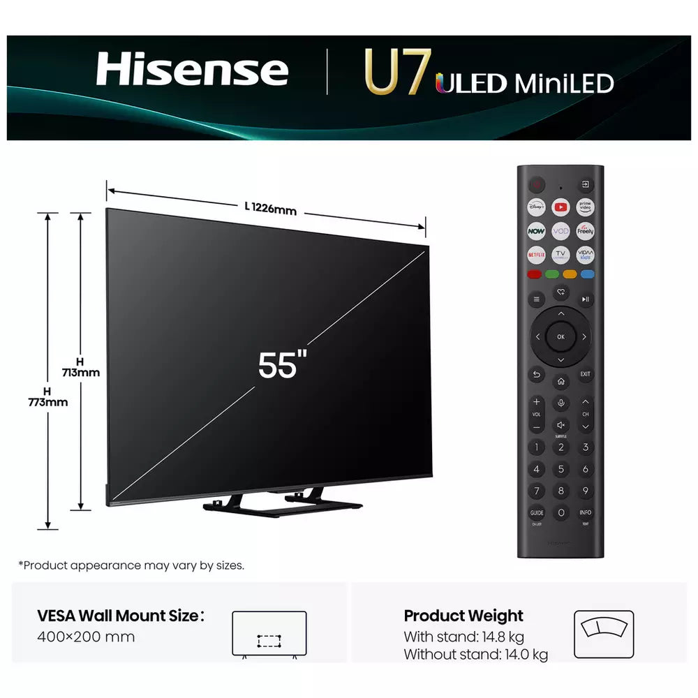 Hisense 55 Inch 55U7QTUK Smart 4K UHD HDR Mini LED Freely TV