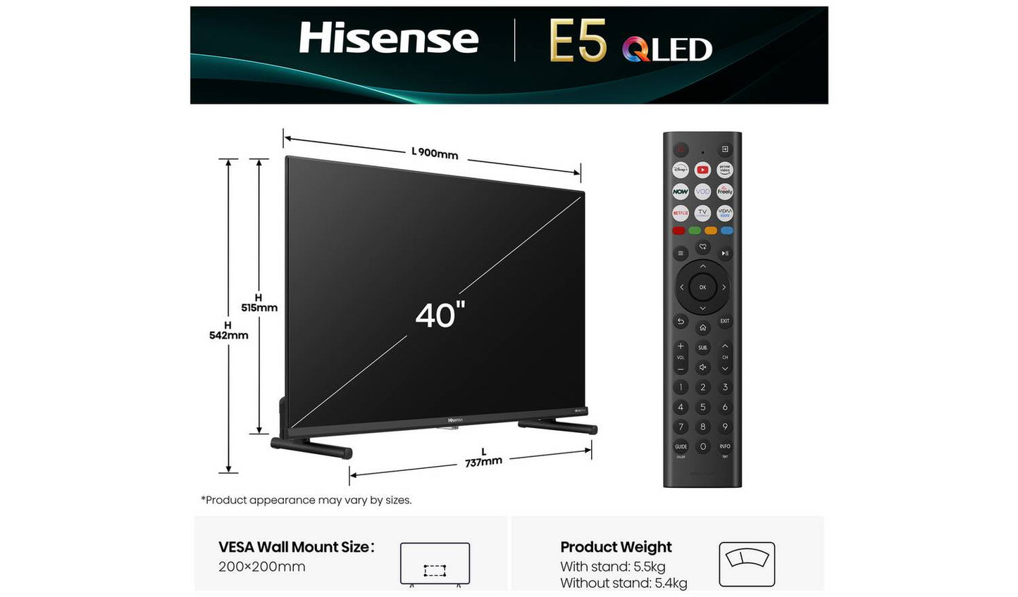 Hisense 40 Inch 40E5QTUK Smart FHD HDR QLED Freely TV