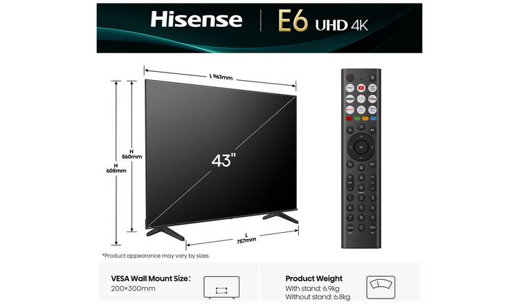 Hisense 43 Inch 43E6QTUK Smart 4K UHD HDR LED Freely TV