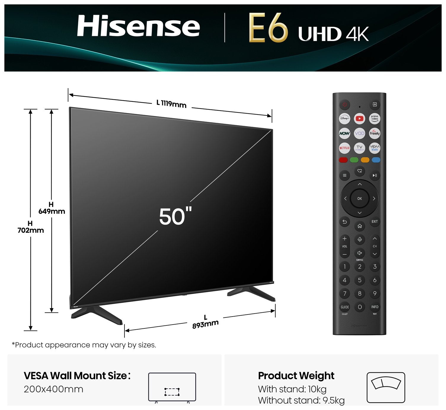 Hisense 50 Inch 50E6QTUK Smart 4K UHD HDR LED Freely TV