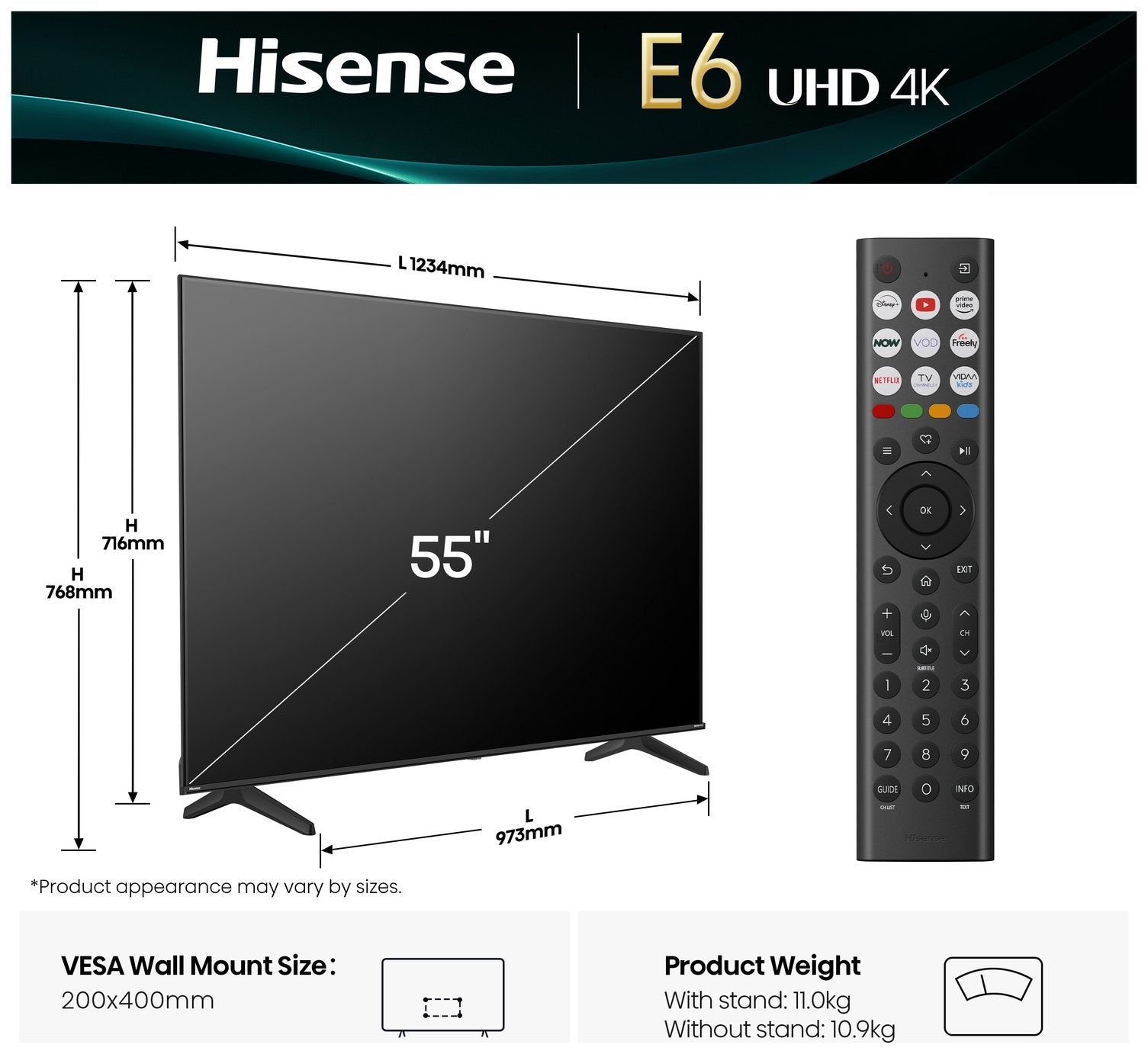 Hisense 55 Inch 55E6QTUK Smart 4K UHD HDR LED Freely TV
