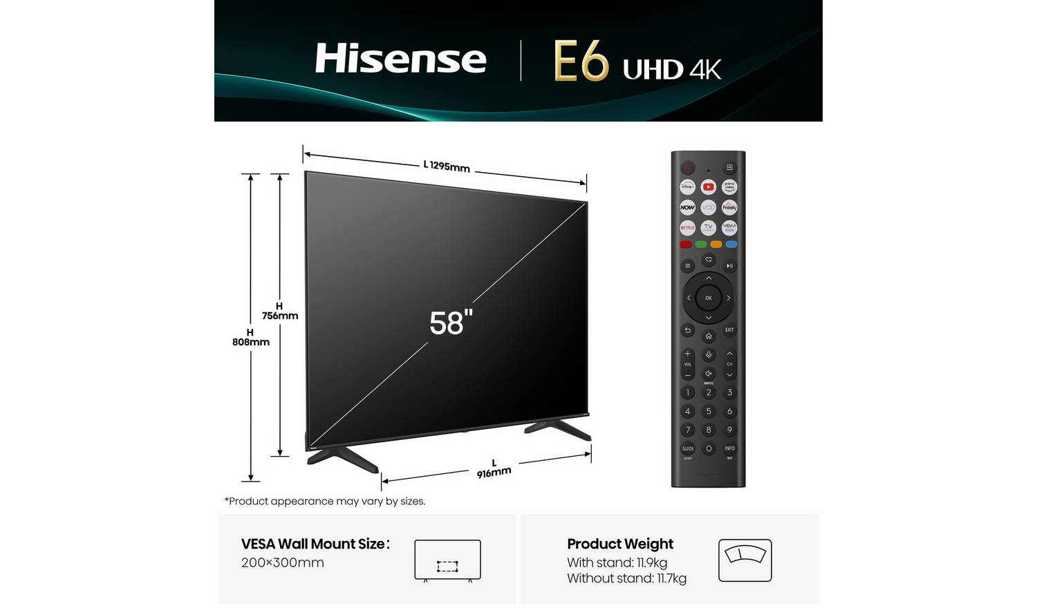 Hisense 58 Inch 58E6QTUK Smart 4K UHD HDR LED Freely TV