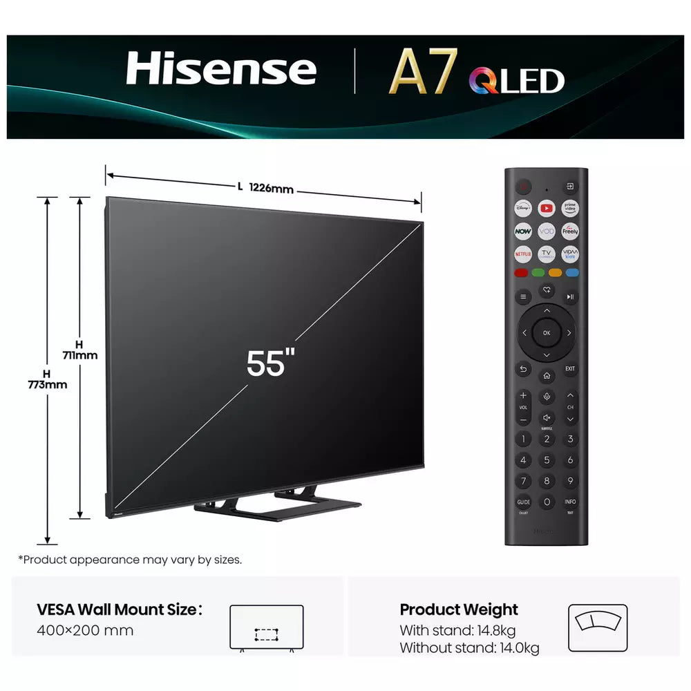 Hisense 55 Inch 55A7QTUK Smart 4K UHD HDR QLED Freely TV
