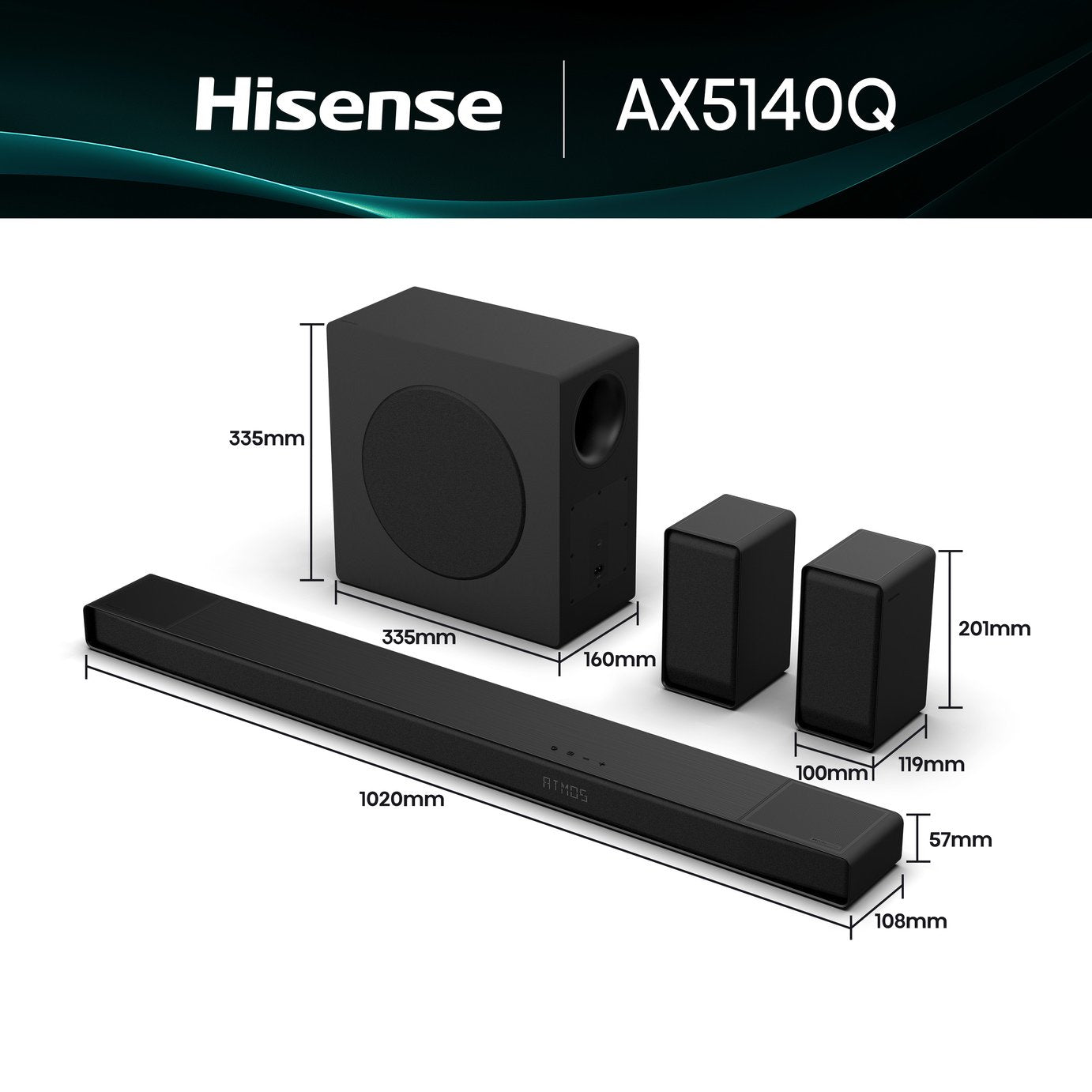 Hisense AX5140Q 5.1.4Ch Bluetooth Soundbar with Wireless Sub