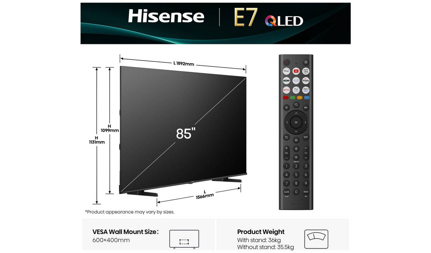 Hisense 85 Inch 85E7QTUK Smart 4K UHD HRD QLED Freely TV