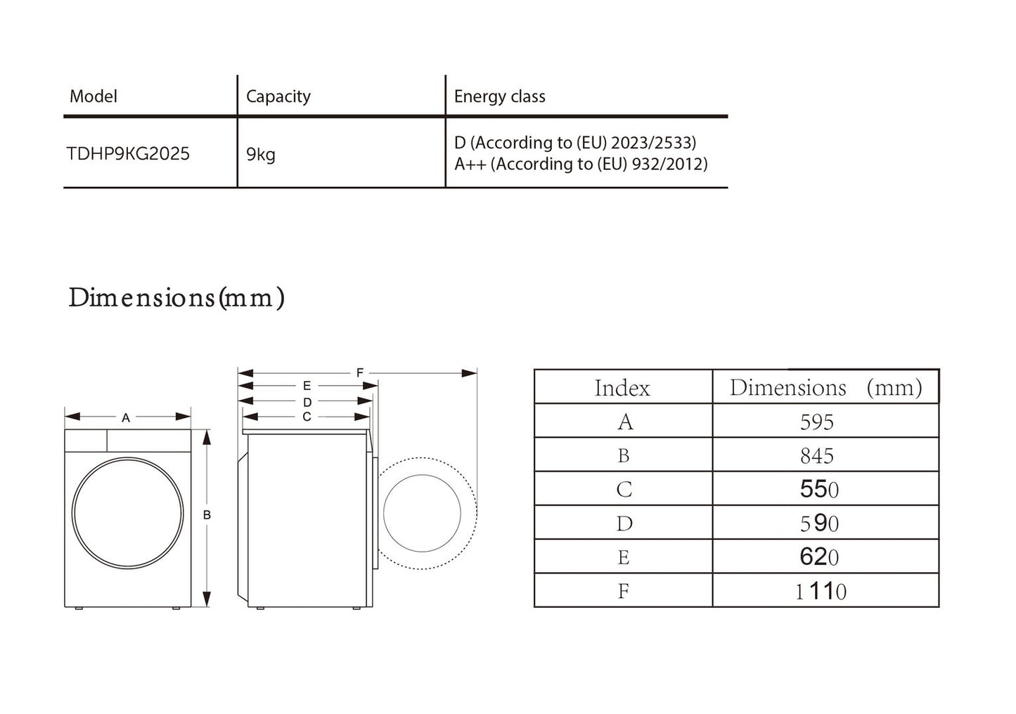Bush TDHP9KG2025 9KG Heat Pump Tumble Dryer - White