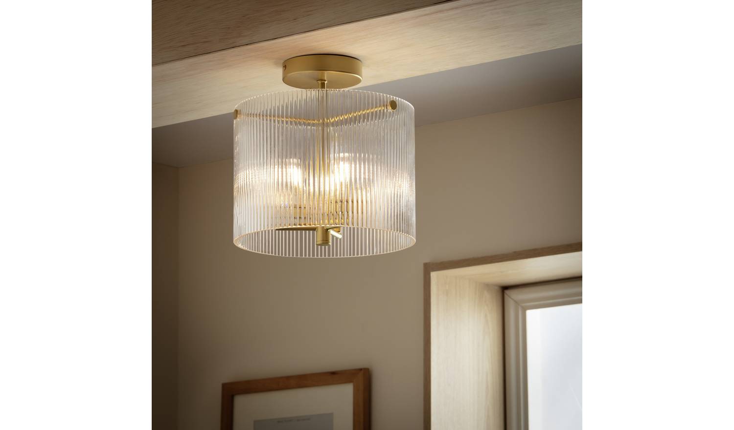 Habitat Ribbed Glass Flush Ceiling Light - Brass